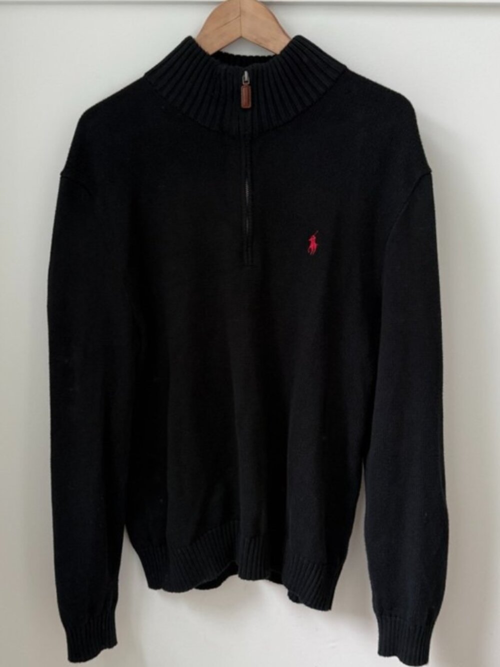 POLO RALPH LAUREN Black Cotton Quarter Zip Mock Neck Pullover Sweater Large L